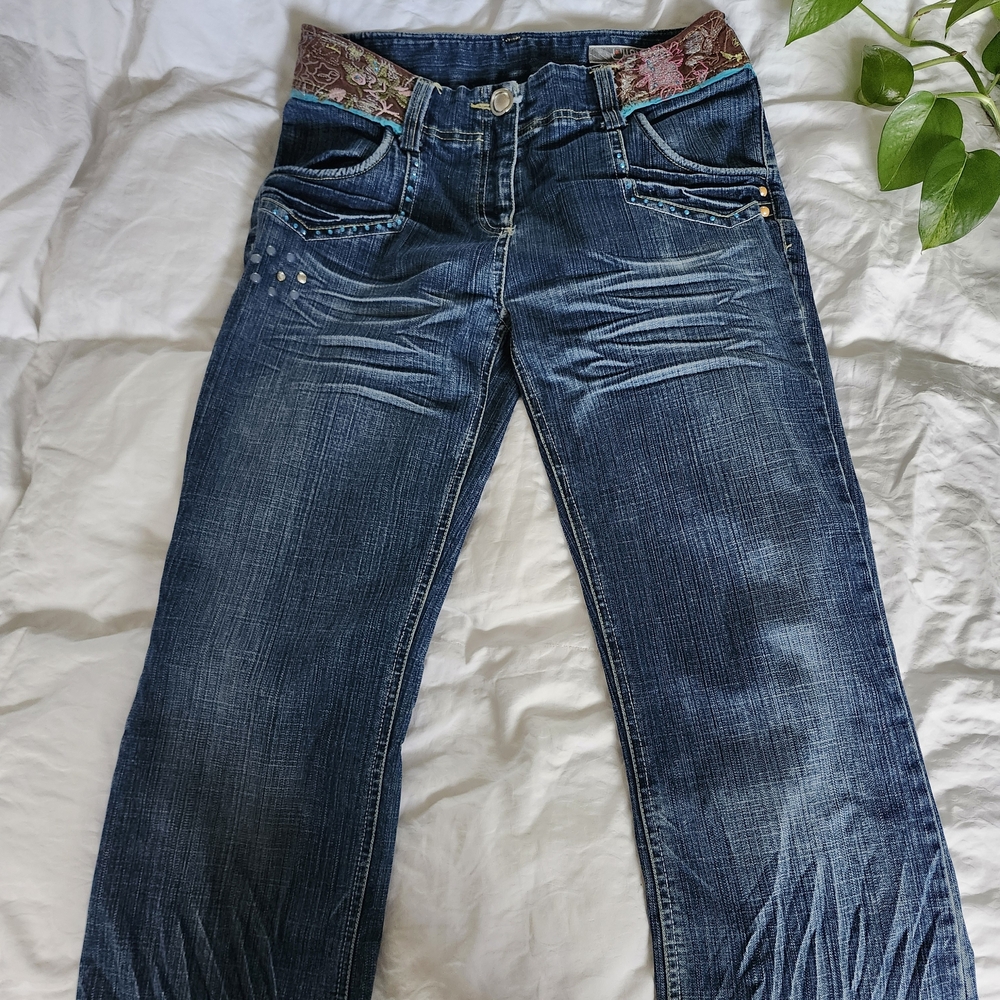 Embroidered Waistband Dark Blue Boot-Cut Jeans